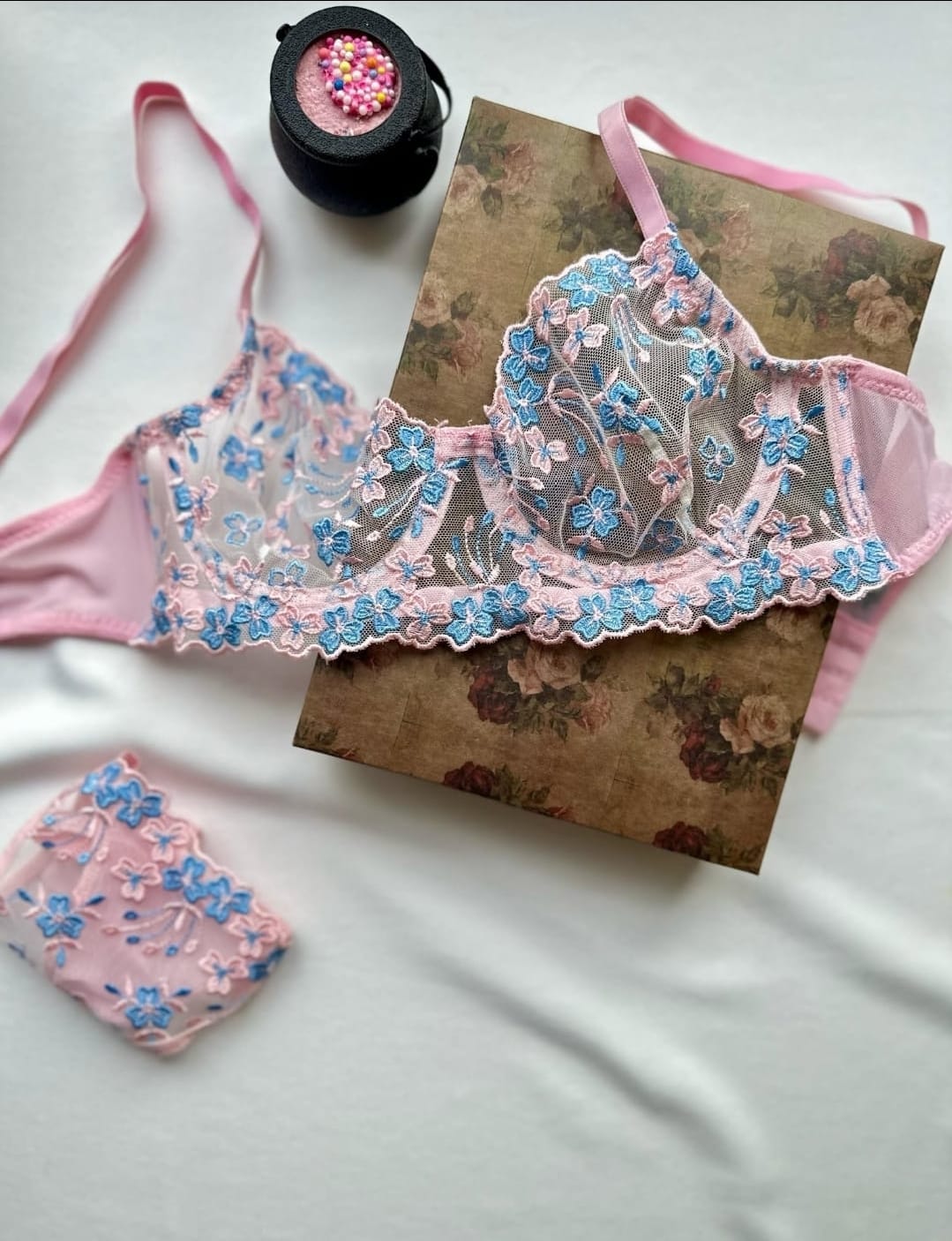 Transparan Brode Pudra Mavi Set