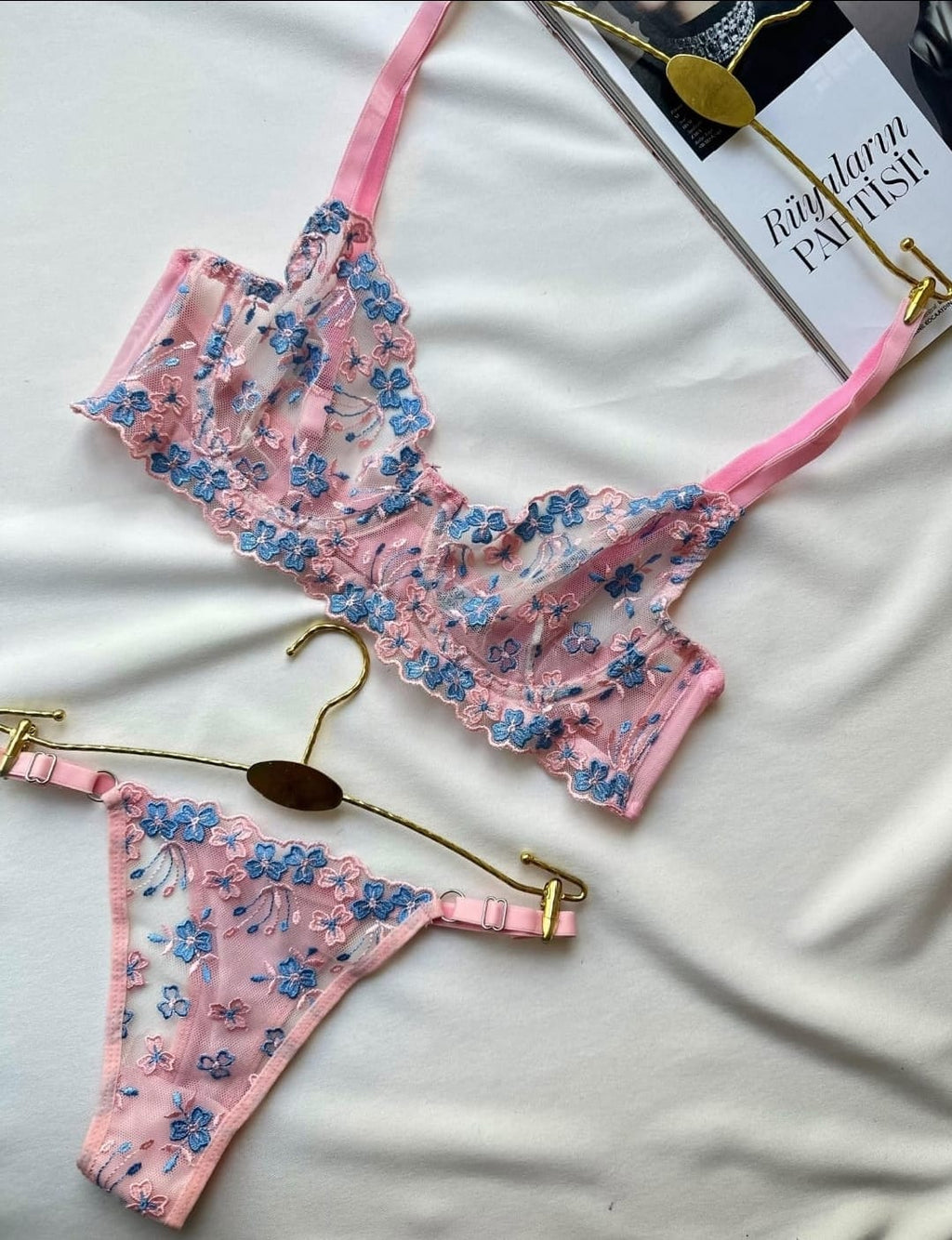 Transparan Brode Pudra Mavi Set