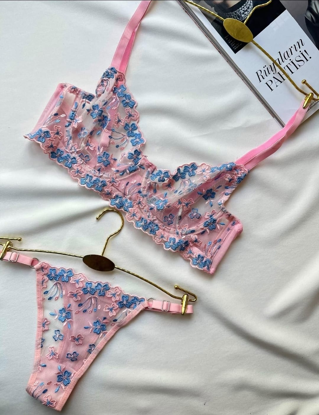 Transparan Brode Pudra Mavi Set