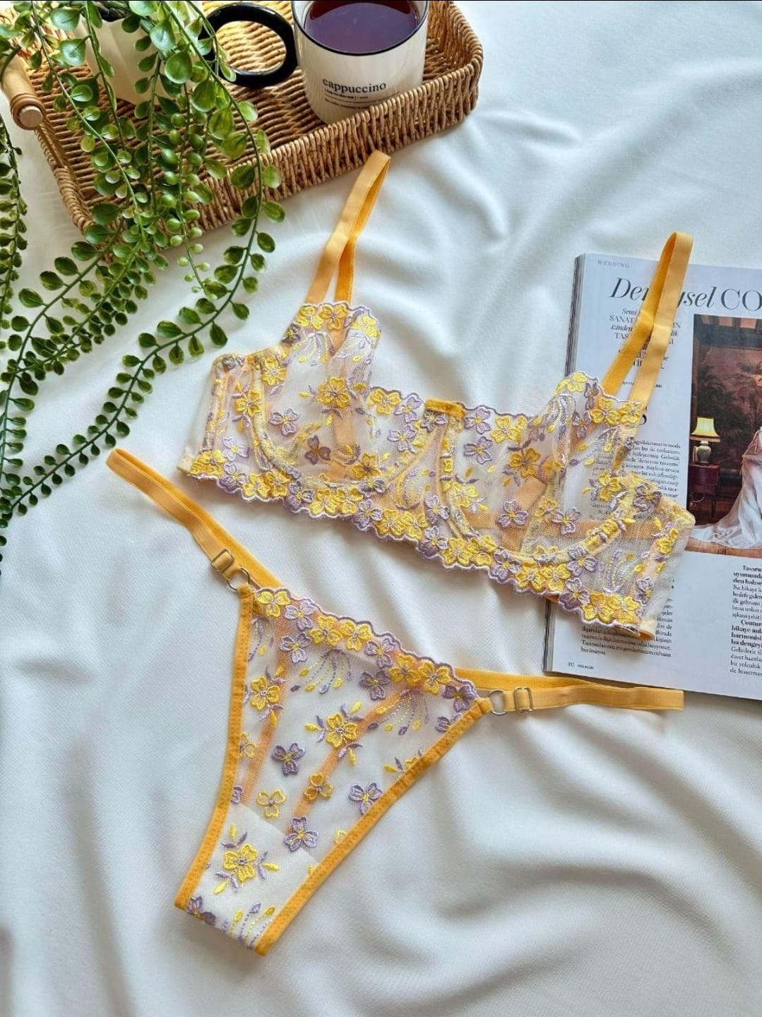 Transparan Papatya Desenli Sarı Brode