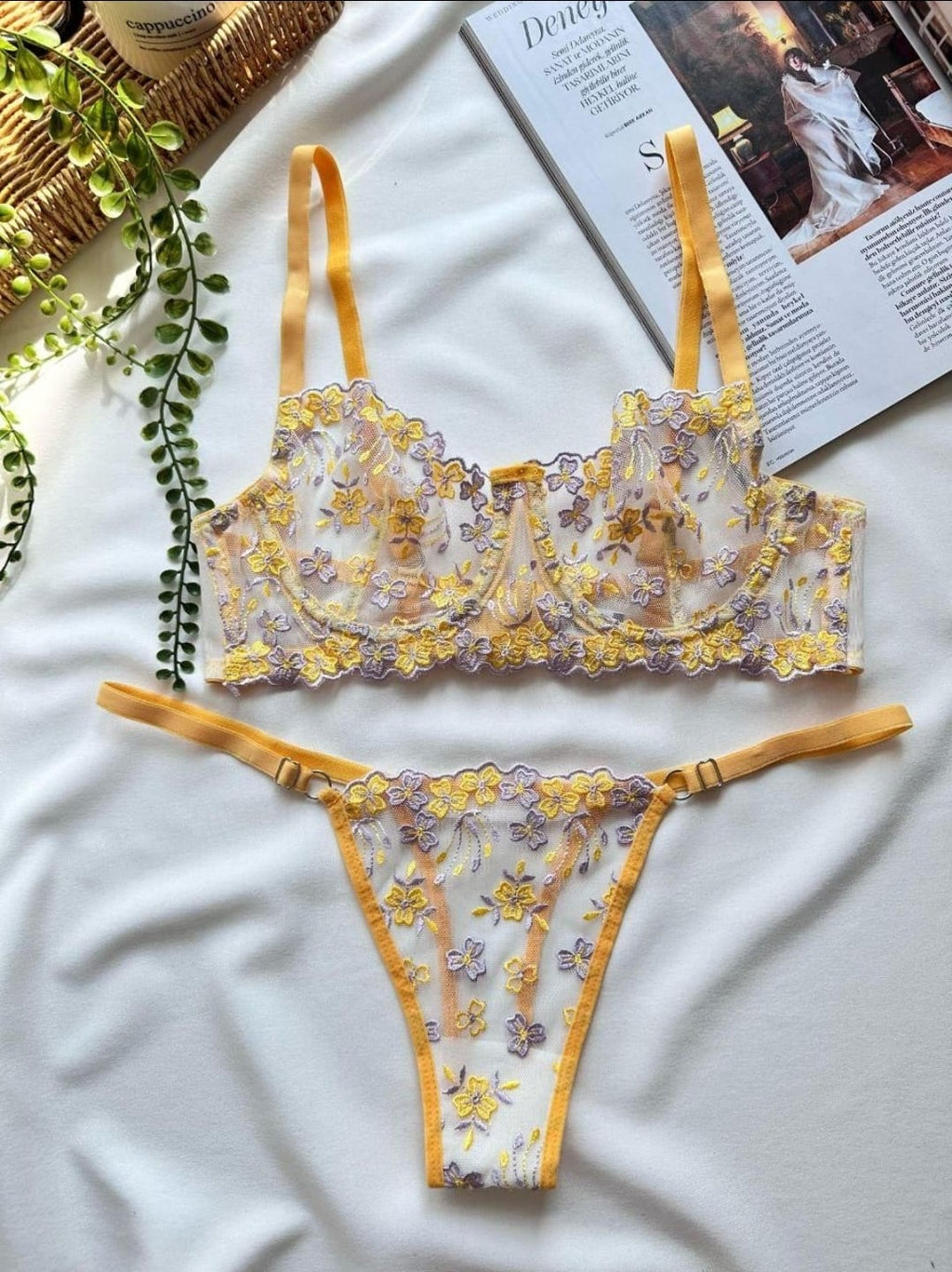 Transparan Papatya Desenli Sarı Brode