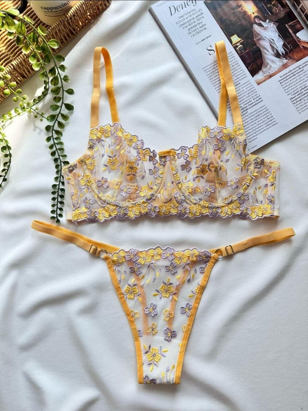 Transparan Papatya Desenli Sarı Brode