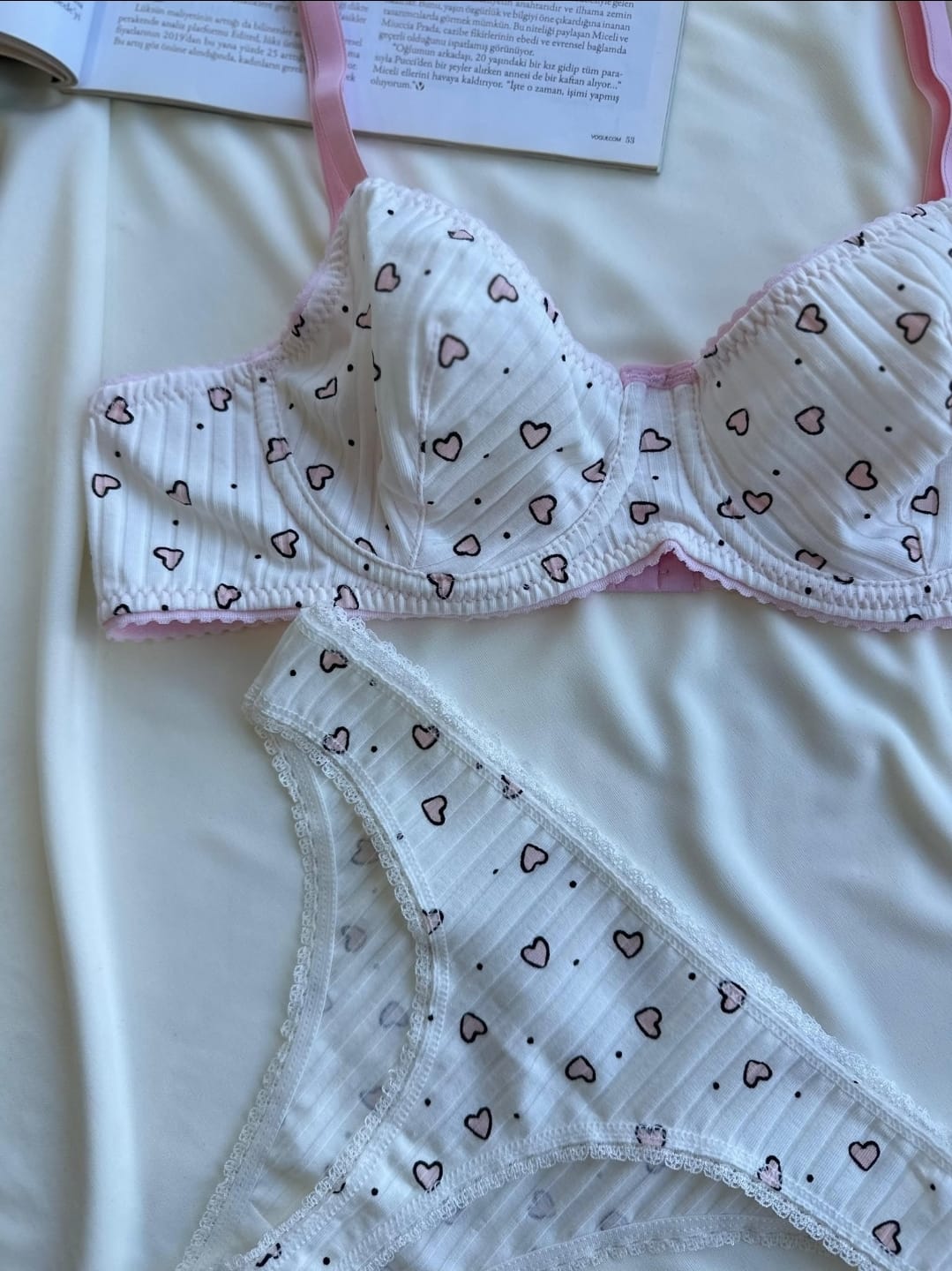 Pamuklu Kalp Desenli Beyaz Bralet Takım