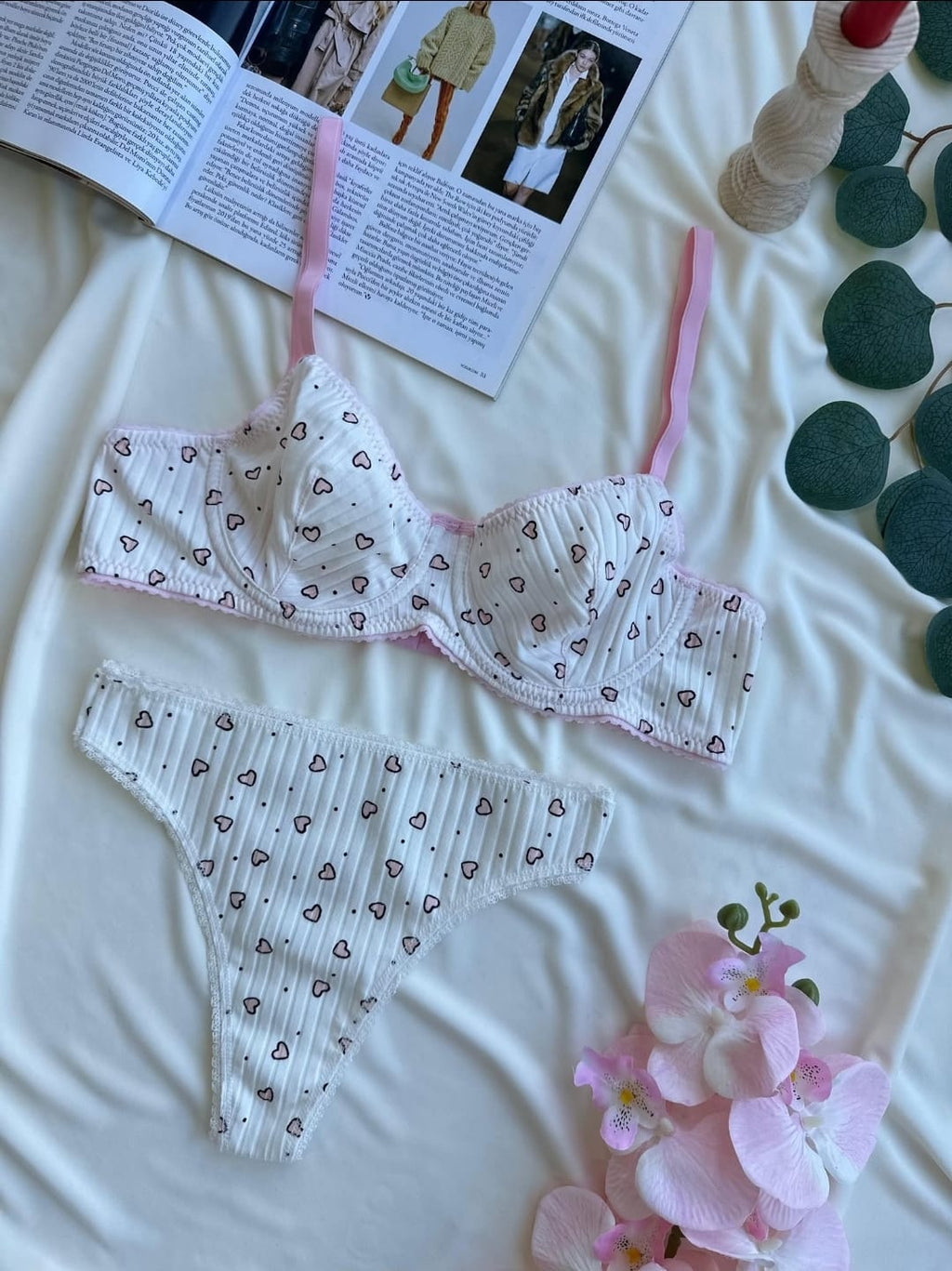 Pamuklu Kalp Desenli Beyaz Bralet Takım