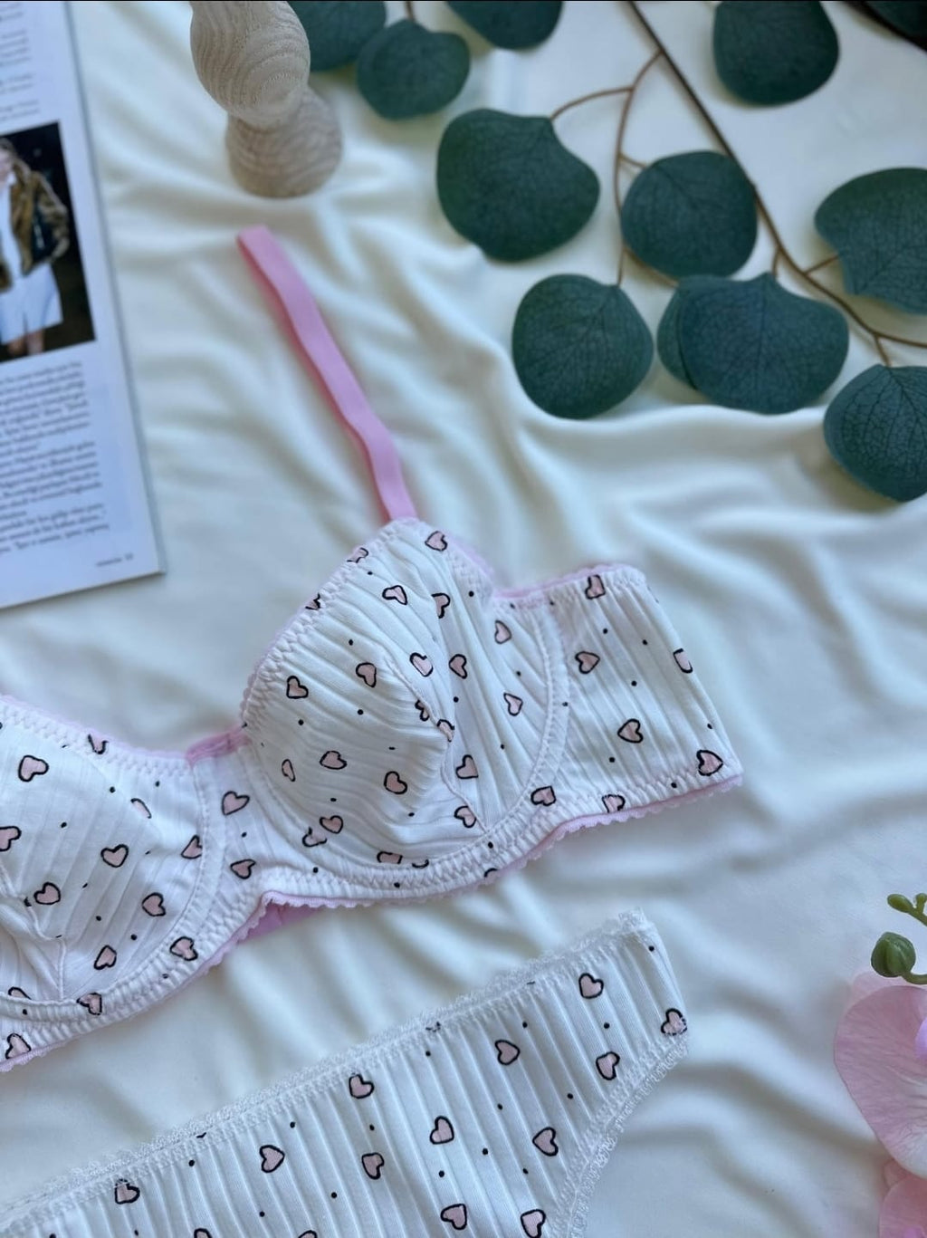 Pamuklu Kalp Desenli Beyaz Bralet Takım