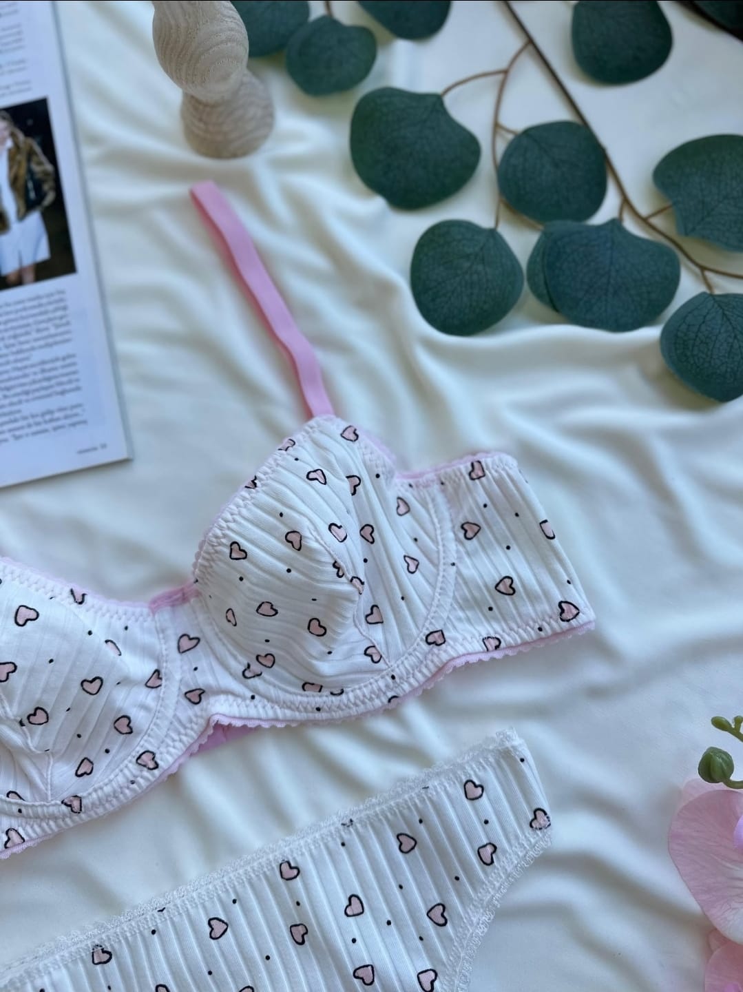 Pamuklu Kalp Desenli Beyaz Bralet Takım